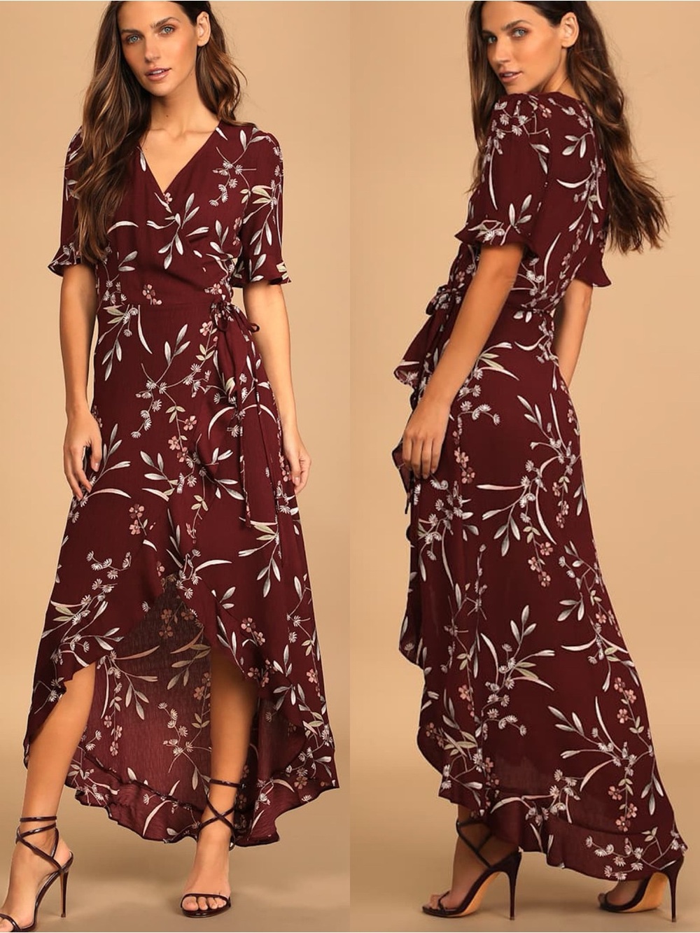 Lulus | Wild Winds Burgundy Floral Print High-Low Wrap Dress